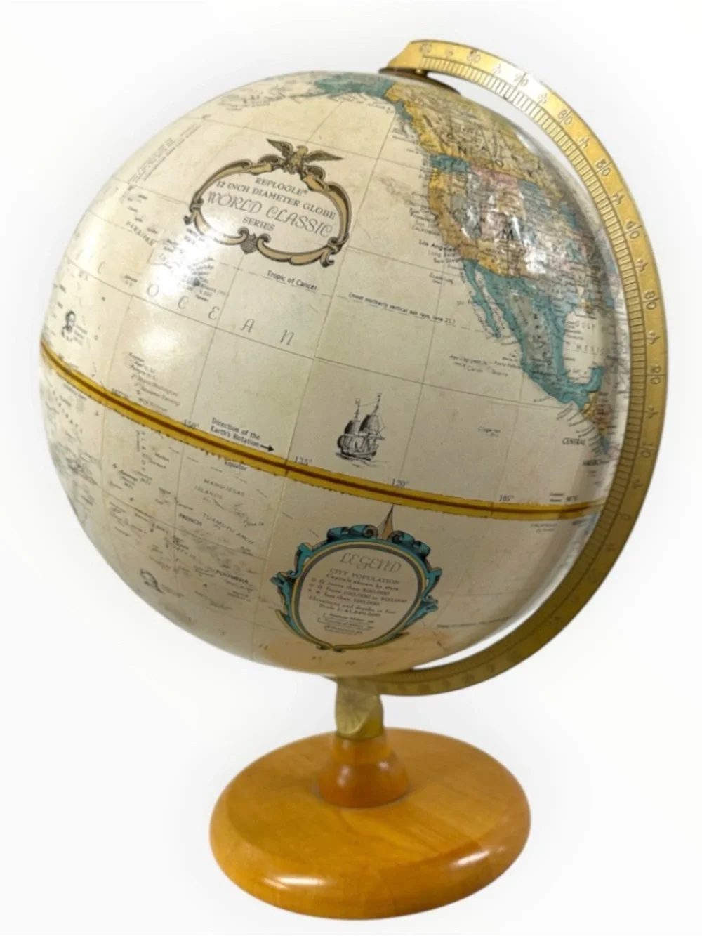 Vintage c1979 Replogle World Classic 12” Globe Raised Relief Wood Base USA